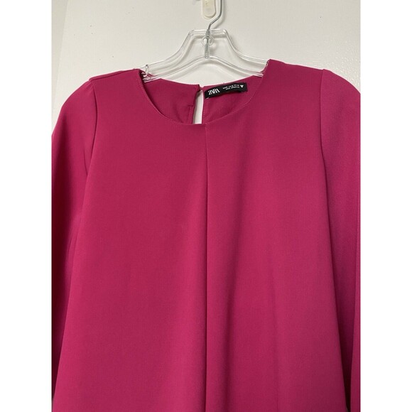 Zara Mini Dress Women Size S Fuchsia Long Balloon Sleeves Tunic Tie Waist - Picture 15 of 15